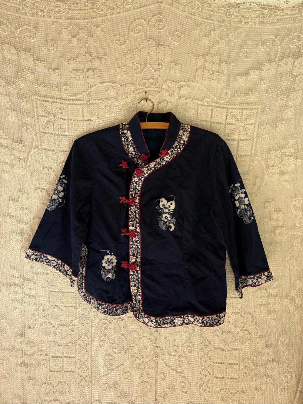 Vintage 80s 90s Embroidered Navy Mandarin Collar Jacket